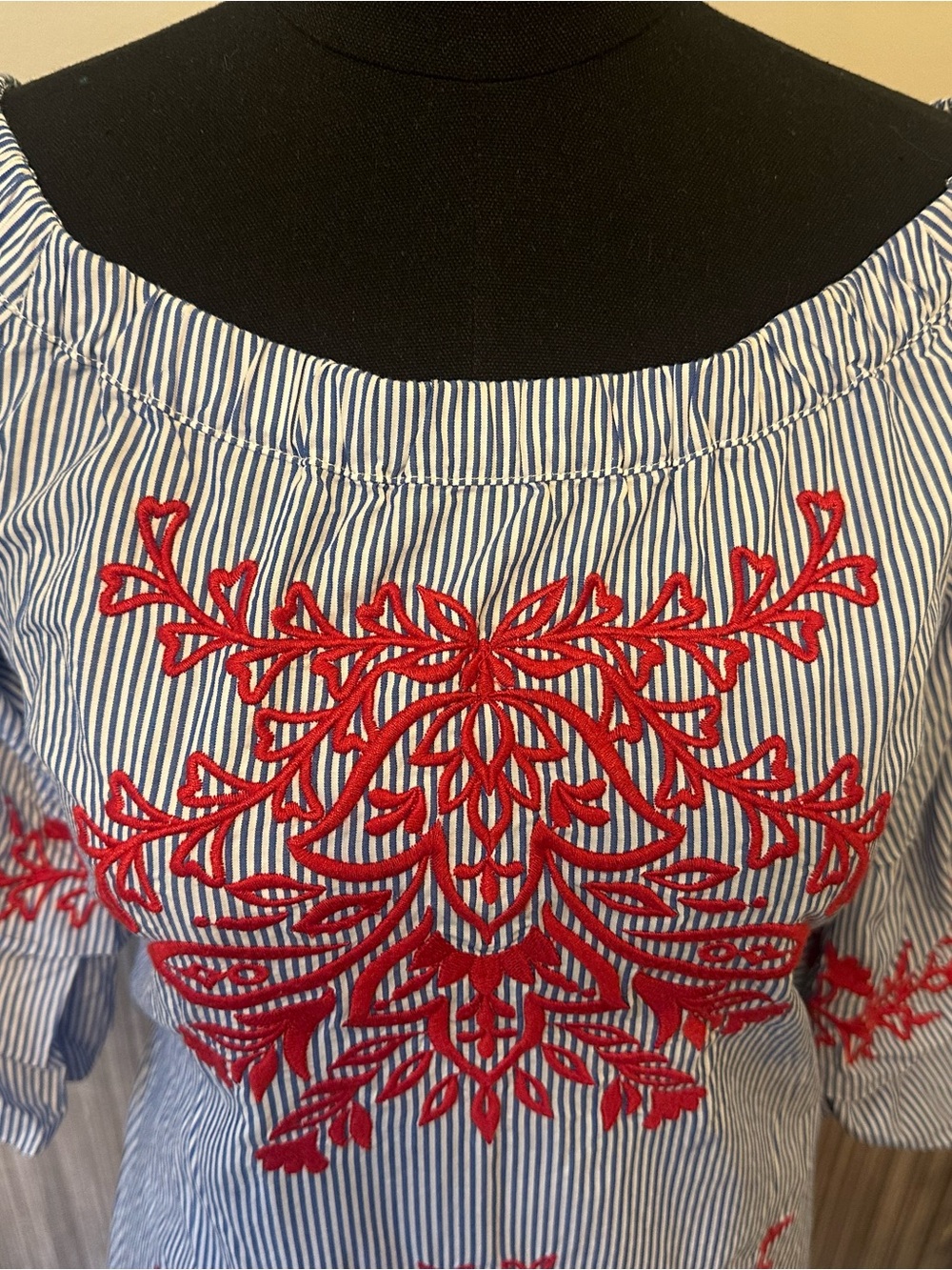 INC International Concepts Striped Embroidered Off Shoulder Dress Small Blue Red - Picture 7 of 11